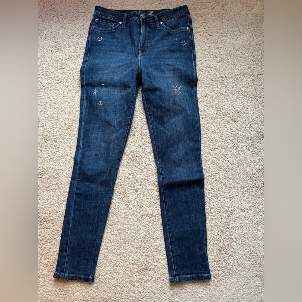 Seven7 Jeans Womens 8 Blue Sunrise Mid Rise Skinny Embellished Studded Stretch